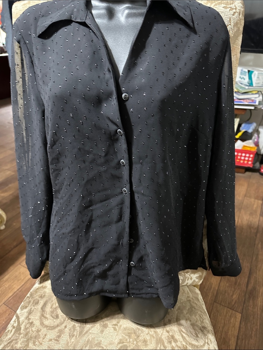 Karen Scott Black Beaded Button-Down Shirt